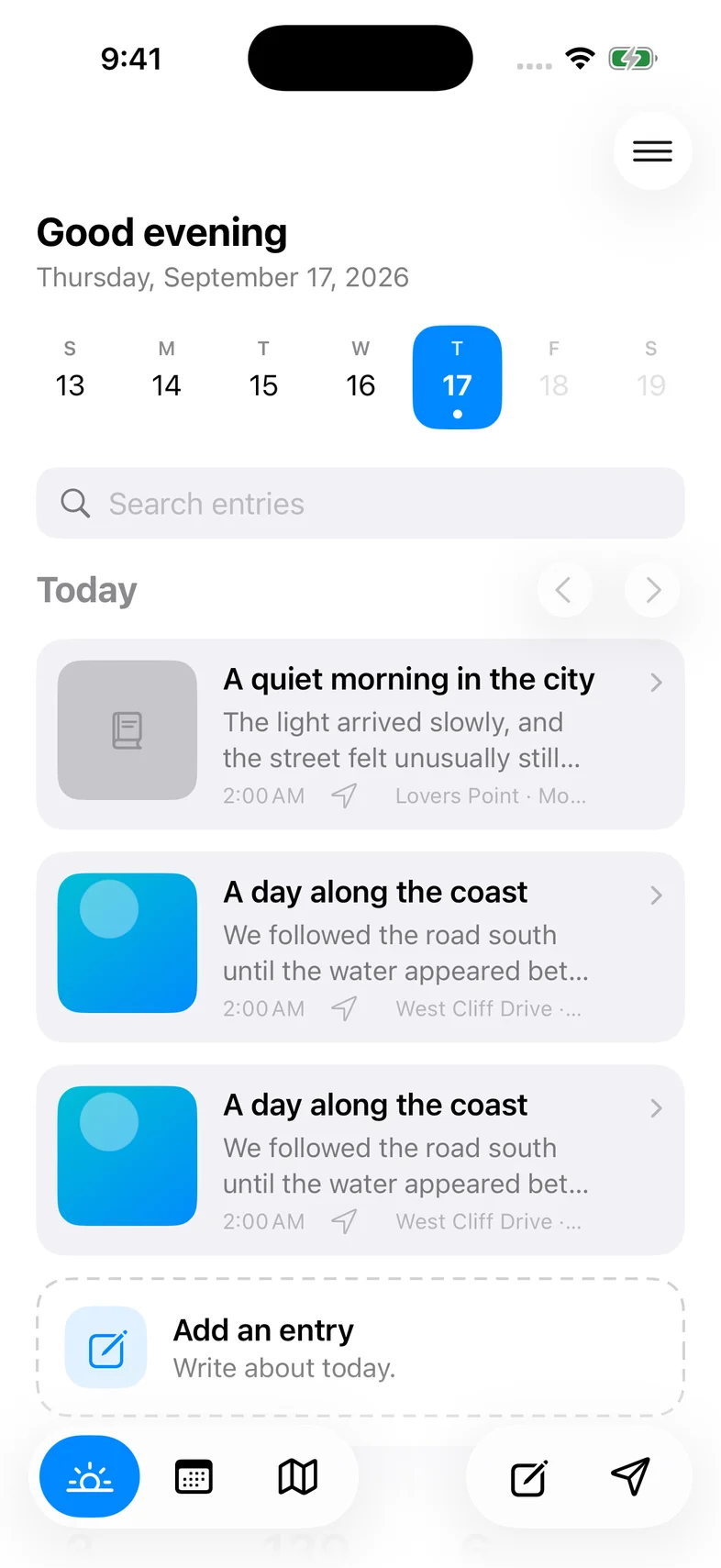 From Here’s Today screen, with a weekly calendar and sample journal entries